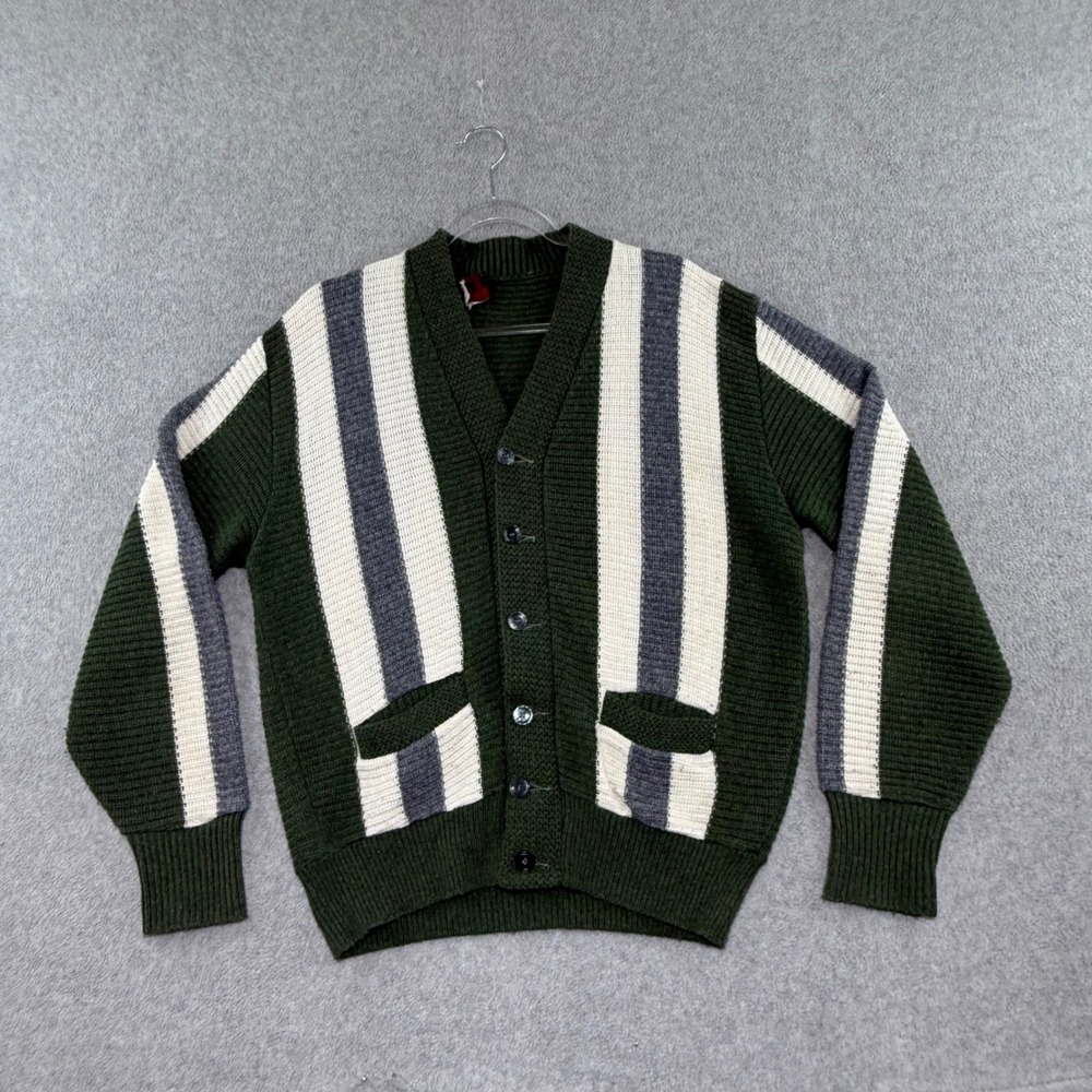 Campus Cardigan Sweater Mens L Green Striped 70s Rockabilly Acrylic Knit V-Neck